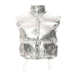 Women's Vests Silver Puffer Padded Coat Vest Women Zipper High Streetwear Short Winter Sleeveless for JACKET Autumn Harajuku Top 230615