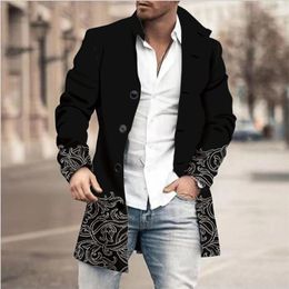 Men's Jackets Men 3D Printed Woolen Standing Collar Mid Length Trench Coat Casual Pocket 2023 European And American Jacket