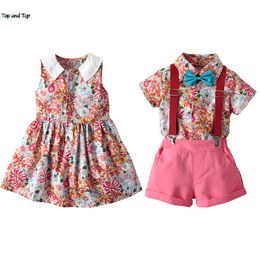 Family Matching Outfits Fashion Baby Kids Clothing Sets Short Sleeve Bowtie ShirtSuspender Shorts Princess Dress Brother and Sister Matching Outfits 230614