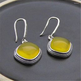 Dangle Earrings LYBUY Women Vintage 925 Sterling Thai Silver Drop Earring Green/Yellow Agates Long Charm Fine Jewellery