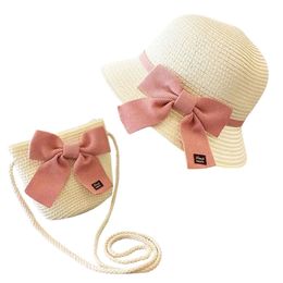 Caps Hats Kids Girl Straw Hat Shoulder Bags Outdoor Beach Hat Cute Bow Summer Party Children Straw Hat Casual Girls Sunshade Hat and Bag 230614