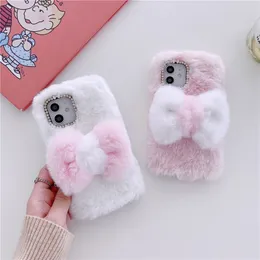 Luxury Bow Pattern Fur Vogue Phone Case for iPhone 14 13 12 11 Pro Max Samsung Galaxy S23 Ultra S22 Plus S21 S20 Durable Slim Fashion Women Fluffy Back Cover Shockproof