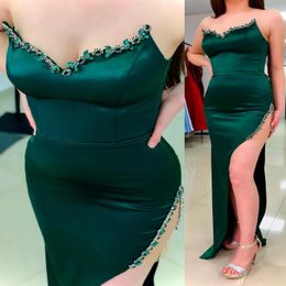 2023 Aso Ebi Dark Green Sheath Prom Dress Crystals Satin Evening Formal Party Second Reception Birthday Bridesmaid Engagement Gowns Dresses Robe De Soiree ZJ374