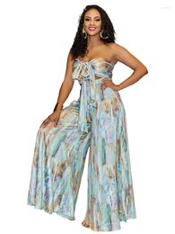 Women's Two Piece Pants Prints 2pcs Sets Women Tie Up Corset Tank Tops Big Swing Wide Leg Trousers Suit Sexy Seaside Holiday Party Set