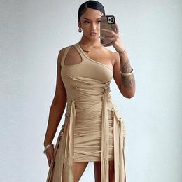 Casual Dresses Sexy Bandage Mini Dress Women 2023 Summer Fashion One Shoulder Slim Fit Lace Up Solid Colour Sundress