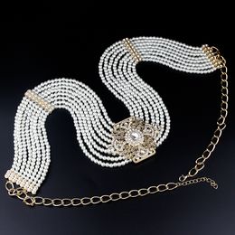 Belly Chains Sunspicems Women Beaded Waist Belt Chain Pearl Caftan Gold Colour Flower Buckle Adjustable Length Wedding Dress Jewellery 230614