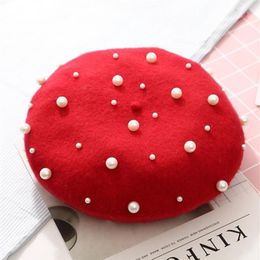 New Woman Imitation Pearl French Pairs Beret Hat Tuque Pour Femme Winter Black Red Yellow Pink Wool Berets Caps for Women 20101949226k