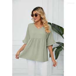 Women's T Shirts Womens Casual Flared Half Sleeve Loose Chiffon V-Neck Solid Colour Pleated Ruffle Flowy Tunic Blouses Peplum Top