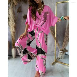 Women's Two Piece Pants Ninimour Women Leopard Chain Print Batwing Sleeve Top & Set 2023 Long Suit Casual Daily Wear Clothes