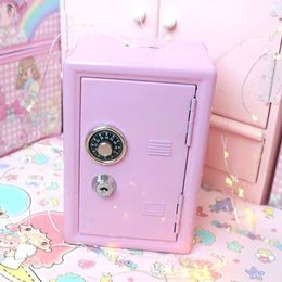 Storage Boxes Bins Ins Safe Box Pink Decorative Savings Box Piggy Bank Metal Iron Mini Dormitory Storage Cabinet Money Box Kawaii Girl Gift 230614