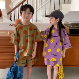 Family Matching Outfits Korean Children's Clothing Set Summer Smiling Face Print Boy's Suit Short Sleeve T ShirtShort Brother and Sister 2pc Suit 230614