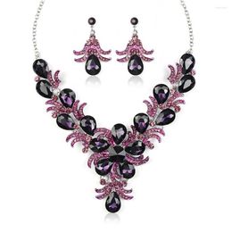 Necklace Earrings Set Vintage Purple Crystal Drop Flower Design Earring Luxury Jewellery Woman's Wedding Bridal Valentine's Gifts