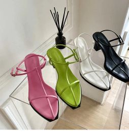 New Sandals Design Narrow Band Women Summer Buckle Strap Square Heel Hollow Out Casual Style Party Shoes