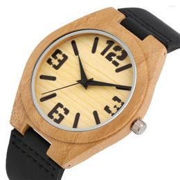 Wristwatches Natural Bamboo Wood Watch Men Quartz Black Genuine Leather Wristwatch Arabic Numerals Analogue Display Wooden Timepieces