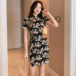 Casual Dresses Fashion Summer Vintage Chinese Style Floral Print Mini Party Dress Ladies Elegant Short Sleeve Split Beach Vacation