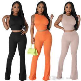 Tracksuit Women Fashion Clothing 2023 Casual Two Piece Set Solid Color Pit Striped Sleeveless Vest Tank Top Flared Pants 2pcs Sets