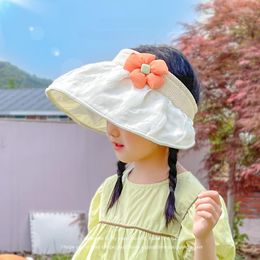 Hats Sweet Flower Sun Hat For Children Large Brim Lace Empty Top Girl Elastic Foldable UPF 50 Vacation Beach Visor Kids