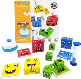 Upgraded Expression Puzzle Toys Building Cubes Wooden Face Changing Cube Build Blocks Toy with Bell and Sand Clock Matching Board Games for Kids Ages 3 Years and up
