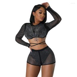 Women's Tracksuits Sexy Womens Shorts Suit Black Long Sleeved Top Leggings 2 Piece Fashion Diamond See Through Mesh Casual Clothing Summer