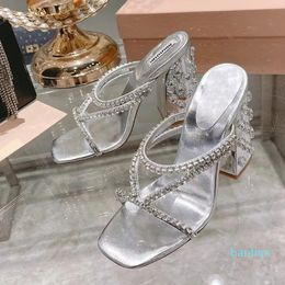 Designer Chunky High Heel Sandals Women 6cm Real Leather Wedding Shoes Bride Open Toe Crystal Rhinestones Blingbling Ladies Slides Luxury Brand Factory Slippers