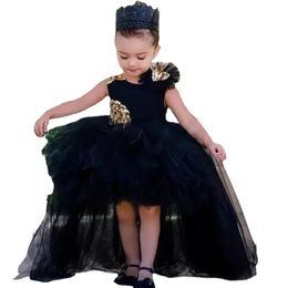 Cute Hi Lo Black Flower Girls Dresses 3D Flower Gold Appliques Flower Girl Dresses Kids Formal Wear For Wedding