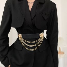 Other Fashion Accessories Multilayer Gold Metal Chains Women Belt Black PU Leather Elastic Wide Waist Straps Punk Rivet Belts Suit Decor Dress Waistbands 230615
