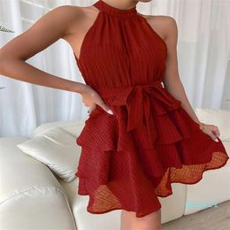 Casual Dresses Summer Chiffon Halter Dress Ruffles Textured Knit Belted Layered Hem