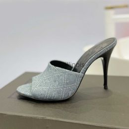 Slippers la 16 denim slippers satin silk slides Mule sandals heels slip on stiletto heeled open toe shoes womens luxury designer leather evening shoe 10cm J230615