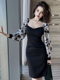 Casual Dresses High Quality Spring Autumn Women Evening Dress Satin Black Print Sexy Low Cut Slim Midi Party Prom Robe Femme Mujer Vestidos