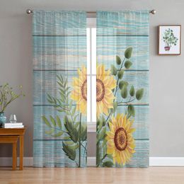 Curtain Sunflower Blue Wood Board For Living Room Transparent Tulle Curtains Window Sheer The Bedroom Accessories Decor