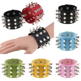 Fashion Punk Gothic Three Row Metal Cone Rivet Leather Wristband Bangle Wide Cuff Bracelets 13 Colours