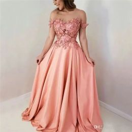 Scoop A-Line Long Bridesmaid Prom Dresses Floor Length Flower Lace Applique Crystal Satin Evening Dresses vestidos de fiesta de noche BC10785