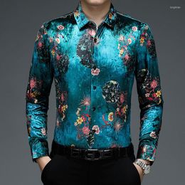 Men's Casual Shirts Flowers Fancy Blue Velvet For Mens Floral Printed Velour Clothing Large Sizes Fashion Husband Party Dress Club Tops