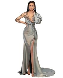 Arabic Aso Ebi Evening Dresses Illusion Long Sleeves Lace Applique Beaded Prom Gowns Sexy Side Slit Satin Ruched Special Occasion Dress Formal Wear