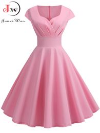 Basic Casual Dresses Pink Summer Dress Women V Neck Big Swing Vintage Dress Robe Femme Elegant Retro pin up Party Office Midi Dresses 230615