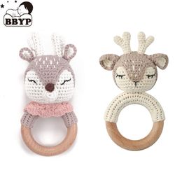 Rattles Mobiles Handmade Baby Wooden Teether DIY Crochet Deer ELK Rattle born Rodent Teething Ring Mobile Gym Educational Toys for Kids 230615