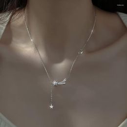 Chains 925 Sterling Silver Star Moon Necklace Sparkling Zircon Pentagram Tassel Collar Chain Fashion Simple Neckchain Party Jewelry