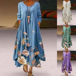 Basic Casual Dresses Elegant Women Maxi Dress Spring Summer Floral Print Long Dresses Casual Long Sleeve Irregular Hem Plus Size Dress Vestidos 230615