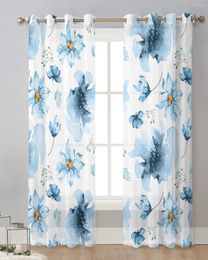 Curtain Watercolour Blue Flowers In Spring Tulle For Living Room Bedroom Transparent Sheer Curtains Window Treatment Drapes