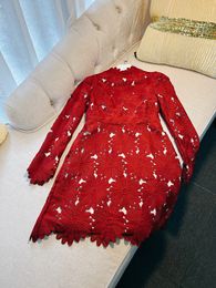 2023 Summer Autumn Red 3D Floral Lace Hollow Out Dress Long Sleeve Stand Collar Short Casual Dresses J3L126890