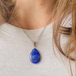 Chains Dainty Necklace Made With A Lapis Lazuli Pendant In The Shape Of Teardrop And Stainless Steel Chain