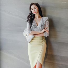 Work Dresses Arrival Fashion Set For Woman Summer Elegant Slim Lace Perspective V-neck Shirt And Pencil Skirt Two Piece