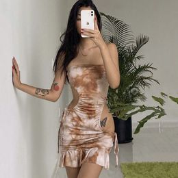 One-shoulder Short Section Hollow Bustier Dress Female Summer Tie-dye Lacing Sexy Pumping Pleated Ruffle Edge Package Hip