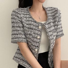 Women's Jackets Women's Coat Korean Fashion Summer French Small Fragrance Round Neck Loose Versatile Short Sleeve Tweed Clothing 2023