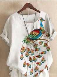 Women's T-Shirt Women's t-shirt New Fashion Summer Peacock Prints Round Neck Short Sleeve T-Shirt Casual Loose Solid Colour Blouse Tops Plus Size