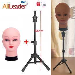 Wig Stand 64cm Tripod Wig Stand With bald Mannequin Head Black mini Wig Stand Tripod With Bald Head Adjustable Tripod T-pins 230614
