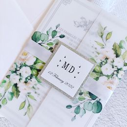 Cartões comemorativos 50X Convites de casamento com flor verde com etiqueta de glitter prateado Convite imprimível para festa de aniversário de chá de panela 230615