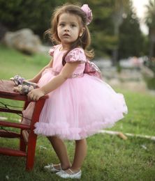Girl Dresses Cute Pink Flower Dress With Sequined Bow Toddler Tutu Junior Party Gowns Birthday