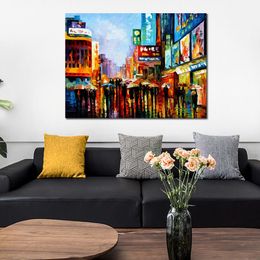 Contemporary Abstract Canvas Art Lights of Downtown Cityscape Oil Painting Handmade Modern Pub Bar Decor