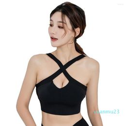 Yoga Outfit Underwear Women Sports Bra Push Up Front Cross Back Buckle Nylon Stretch Pilates Running Gym Workout Fitness Tank Top